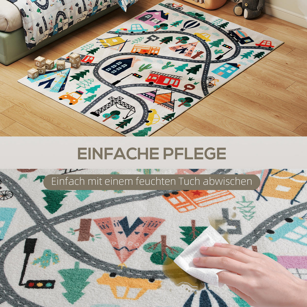 TEPPICH Anti-Rutsch Küchenteppich Kurzflor mit Fleece-Optik, Autobahn-Muster - Multicolor, Textil (120/160cm) - HOMCOM