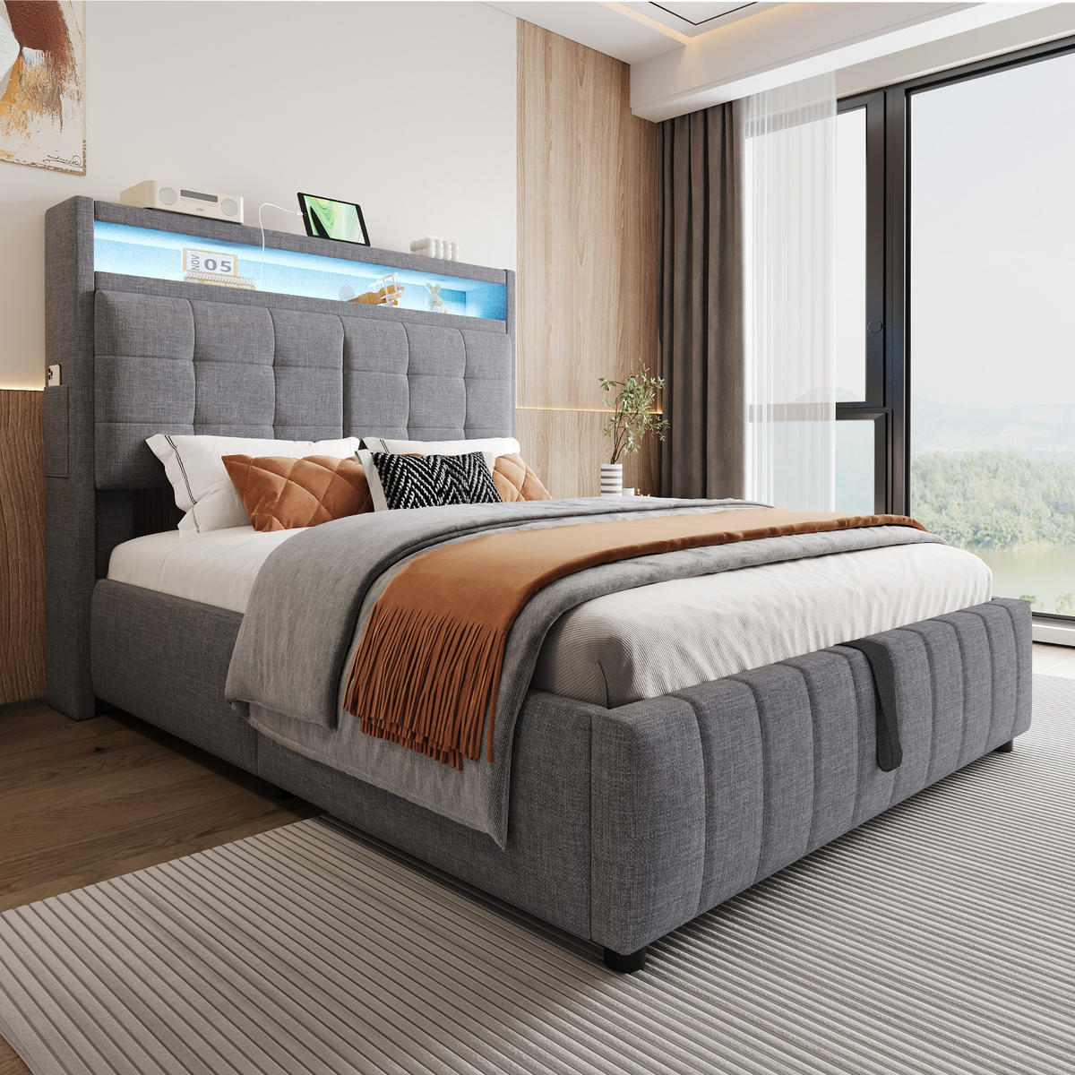 POLSTERBETT 140/200 cm grau mit LED-Beleuchtung und USB-Steckdose, Kopfteil mit Ablagen - Grau, Textil (140/200cm) - OKWISH