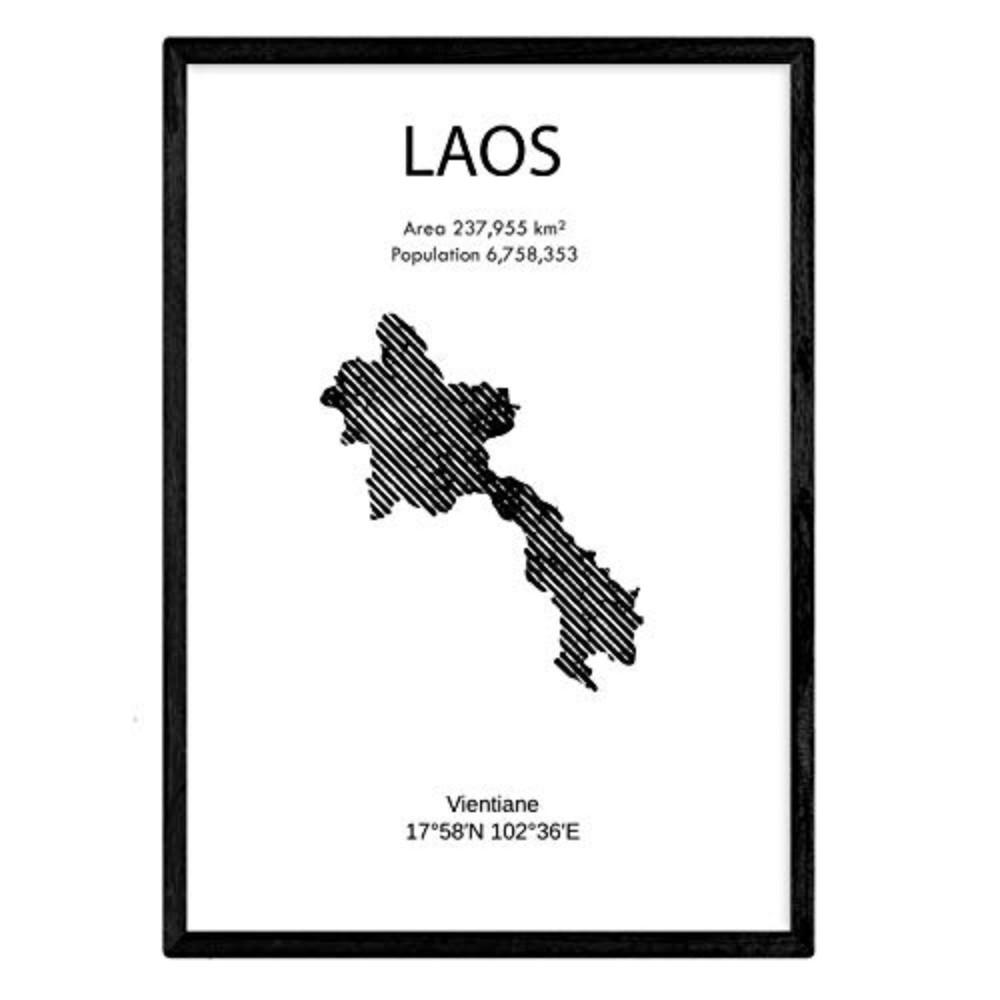 POSTER Länder & Kontinente Laos A4 Schwarzer Rahmen - Schwarz, Papier (29.7/5/21cm) - Nacnic