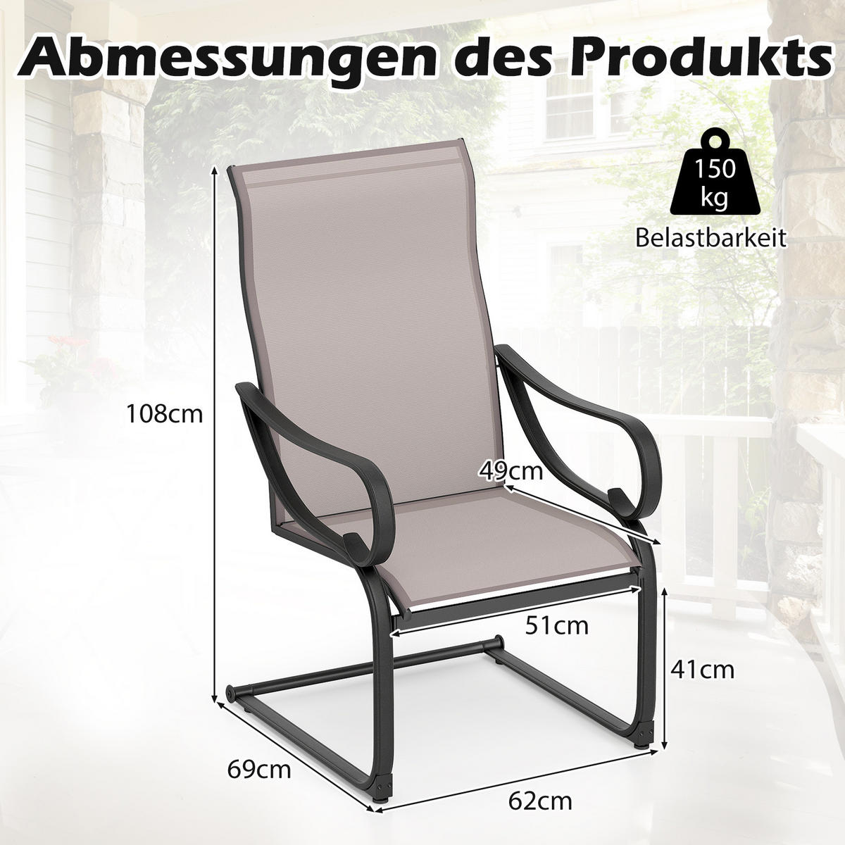 TERRASSENSTUHL Grau(2er-Set) - Grau, Metall (62/108/69cm) - COSTWAY