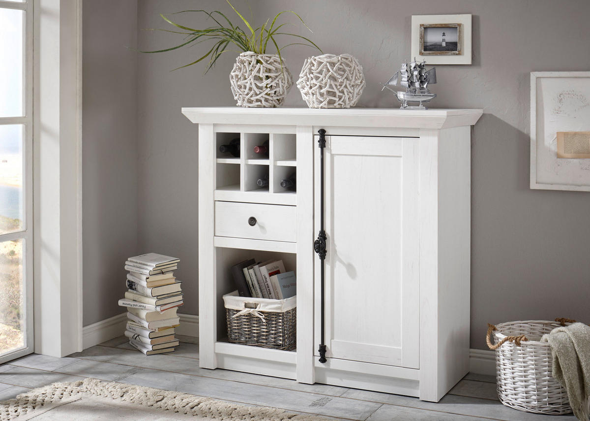 KOMMODE Pinie weiß Landhaus 105 cm, Anrichte mit Weinregal - Schwarz/Weiß, Holzwerkstoff/Metall (105/100/45cm) - Furn.Design