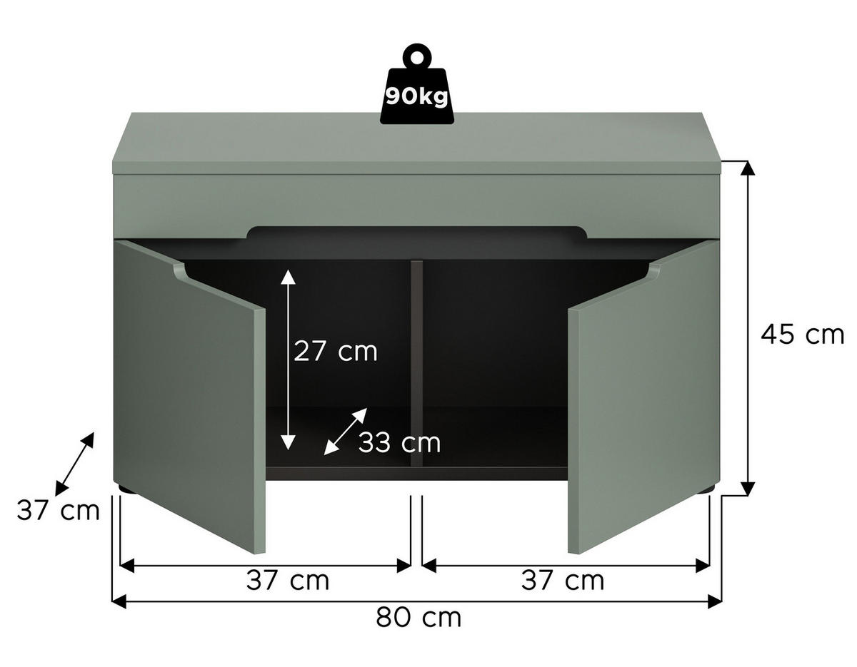 SITZBANK CANU (B/H/T: ca. 80/45/37 cm) in Basalt grau/Smoke Green - Grau, Holzwerkstoff (80/45/37cm)