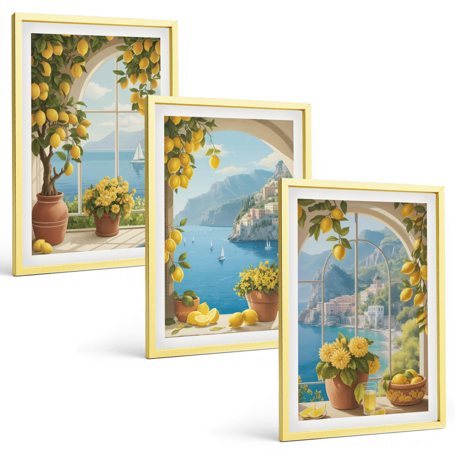 BILDER SET 3er Set - 40x60 cm Goldrahmen - Meereslandschaften, Zitronen, Fenster - Goldfarben, Kunststoff (40/60cm) - TULUP