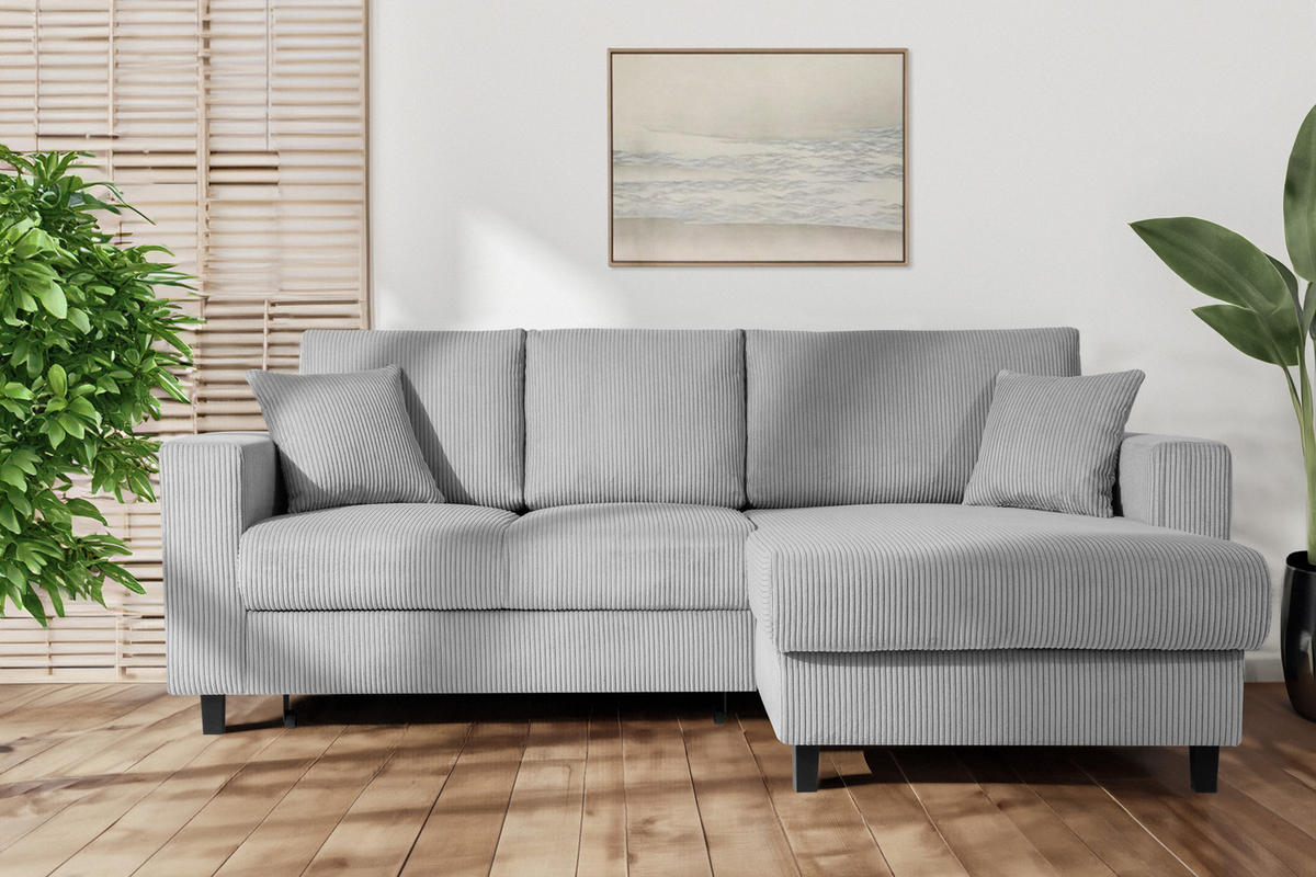 ECKSCHLAFSOFA EGRET Rechts mit Bettkasten, Cord-Stoff, hellgrau - Hellgrau, Textil (234/90cm) - KONSIMO®