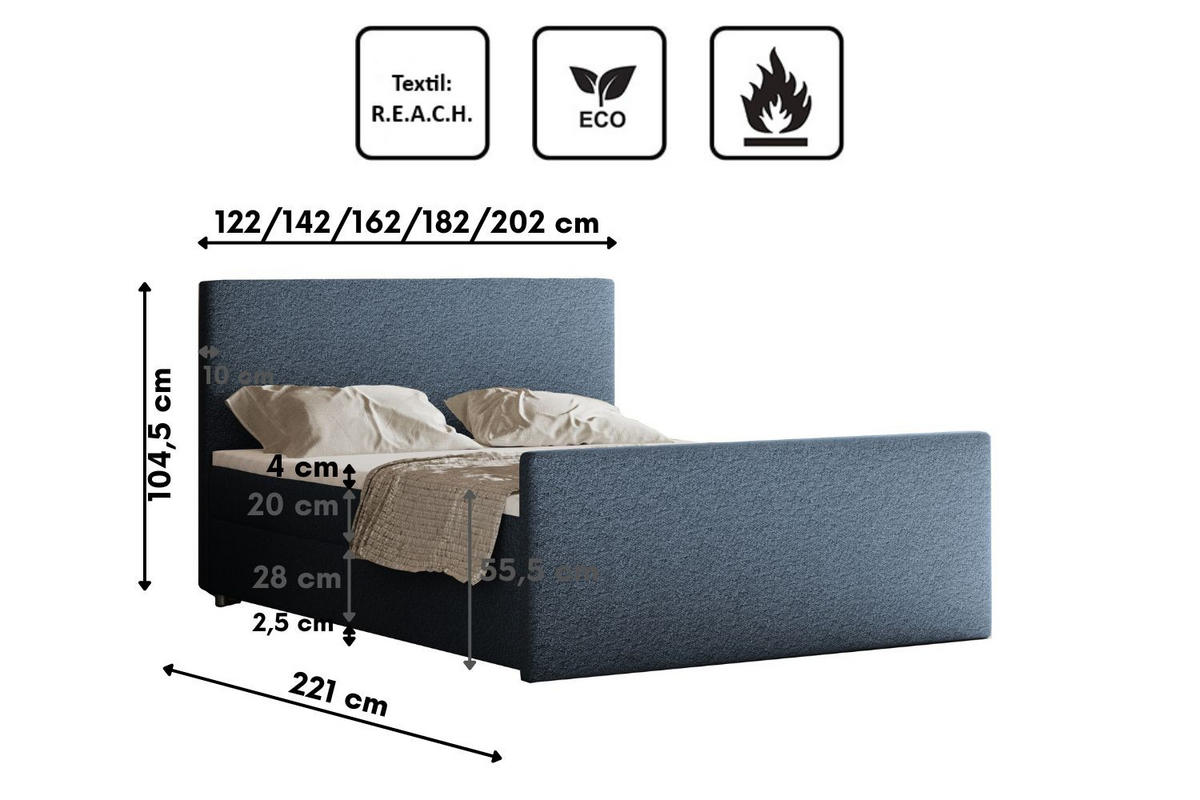 BOXBETT mit Bettkasten Matratze Topper LAGUNE Stoff Loop Blau 180x200 cm H3-Bonell - Blau, Holz/Holzwerkstoff (180/200cm) - Kaiser Möbel