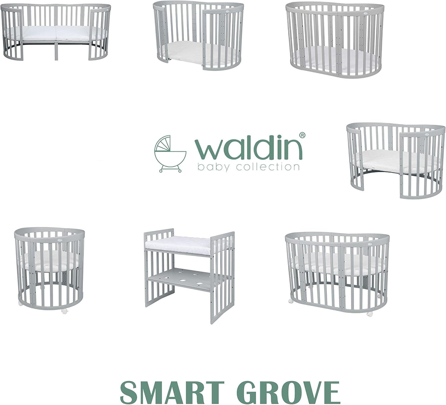 BABYBETT GREY OVAL 7in1 mit Matratze - Grau, Holz/Textil