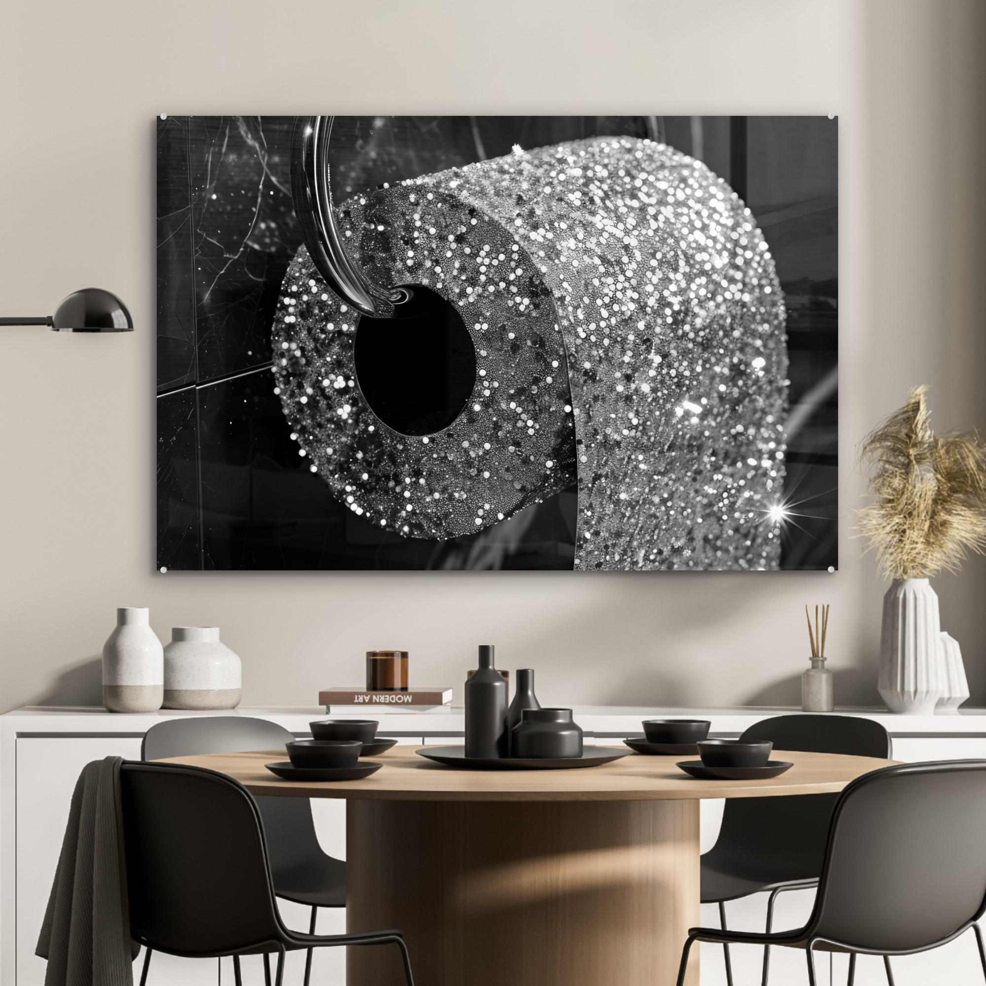 ACRYLGLASBILD WC - Toilettenpapier - Schwarz und weiß - Glitter 120x80 cm - Silberfarben, Glas (120/80cm) - MuchoWow