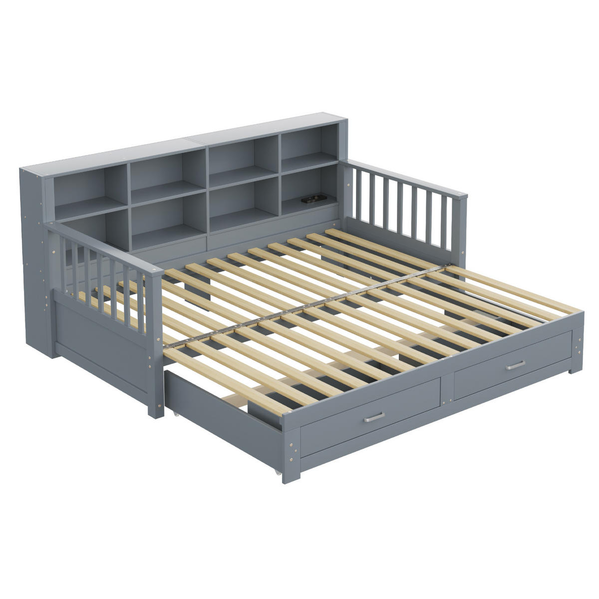 BETT 90/190 cm aus Massivholz in Grau – ausziehbar auf 180/190 cm, inkl. Lattenrost - Grau, Holzwerkstoff (90/190cm) - BEAOK