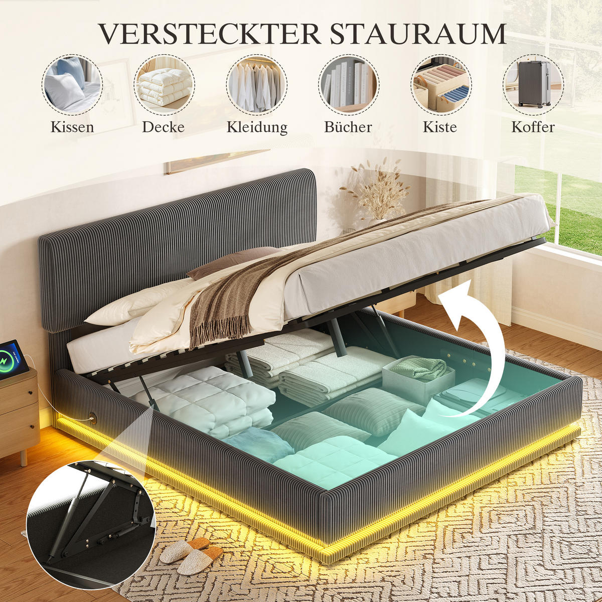 POLSTERBETT 160x200 cm LED USB Stauraum grau - Dunkelgrau, Textil (160/200cm) - LEBENLANG
