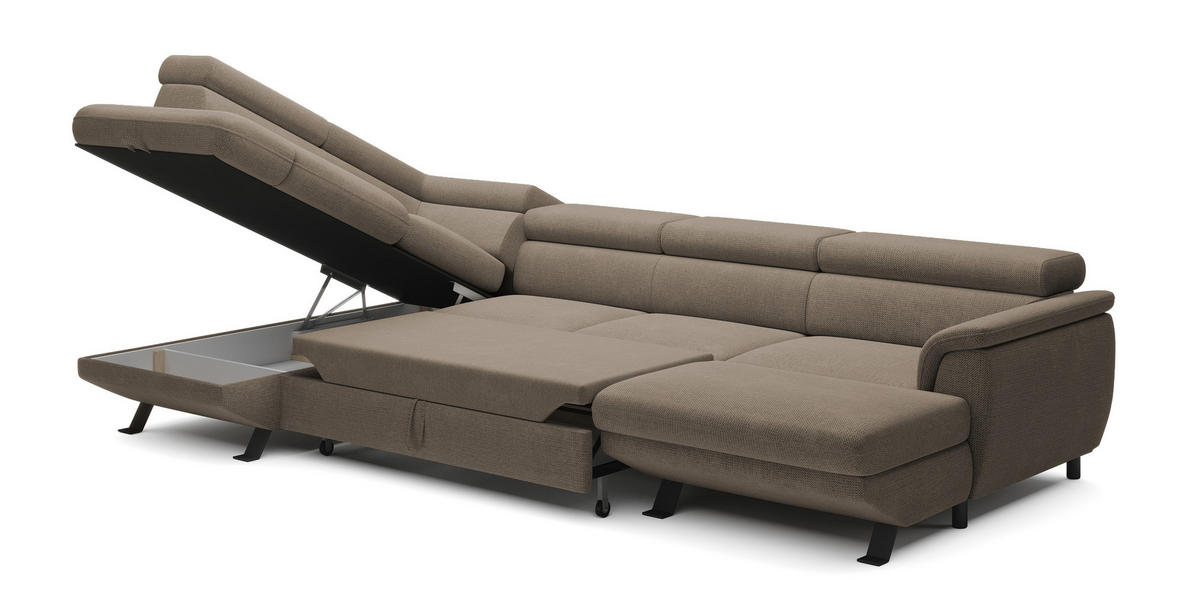 ECKSCHLAFSOFA Raven XL, Verstellbaren Kopfstützen, Bettkasten, Großes Sofa 334x198x162cm Linke, Beige - Beige, Holz/Textil (198/334cm) - DomoHome