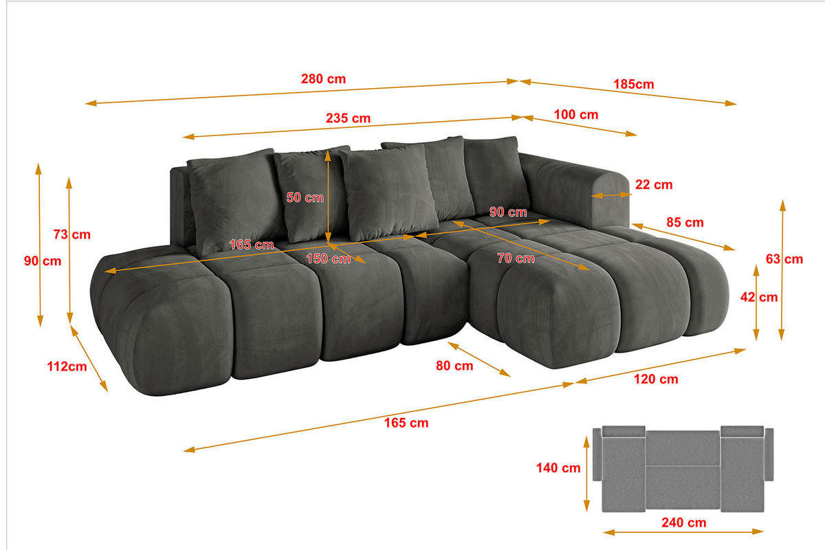 ECKSOFA Ottomane Rechts CLOUD-L-v1 280x185x90 Dunkelgrau Velours - Dunkelgrau, Holzwerkstoff/Kunststoff (185/280cm) - ALTDECOR
