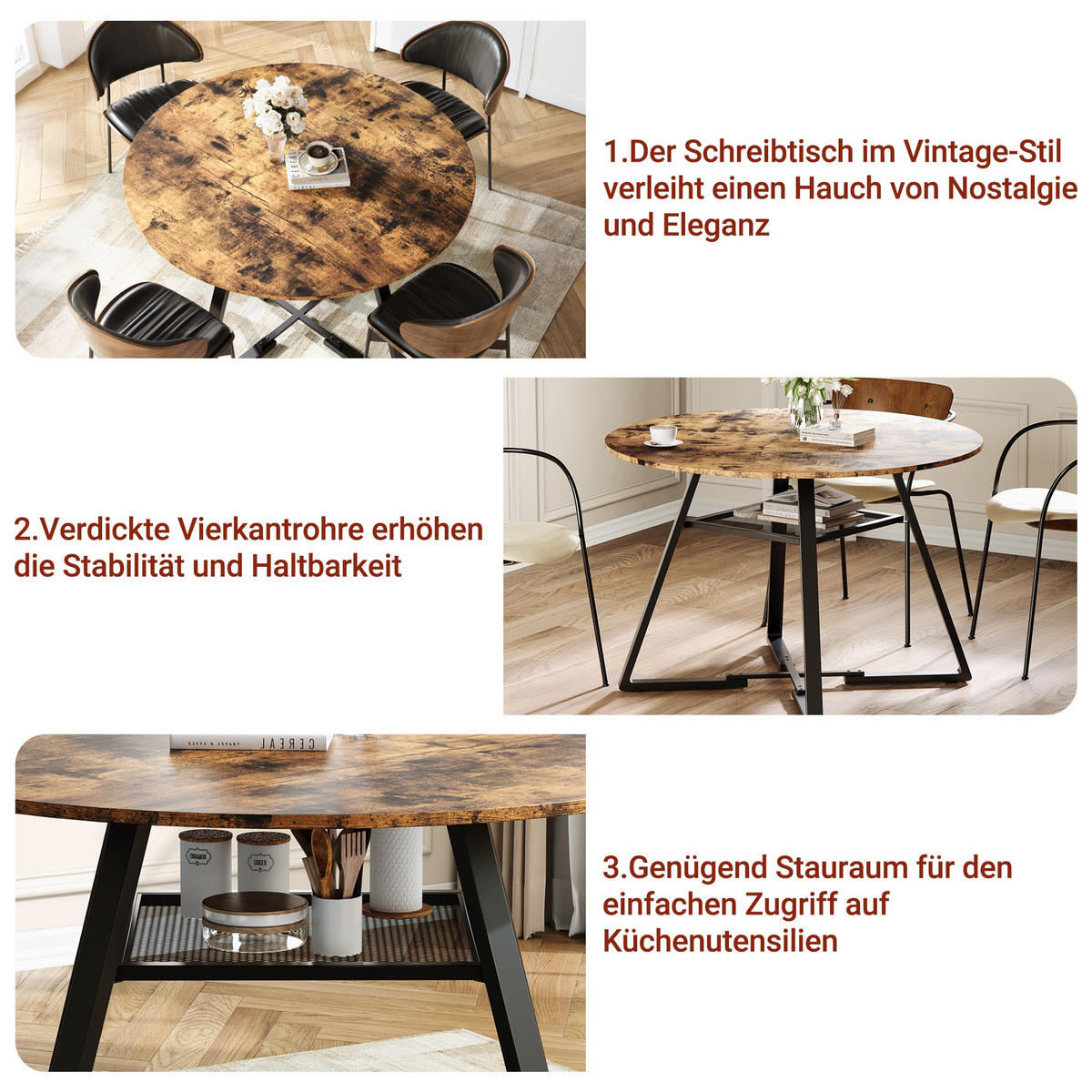 ESSTISCH Rund Ø 120 cm Industrial Design mit Ablagefach, MDF & Metall Schwarz-Braun - Braun, Metall (120/120/75cm) - DELFA