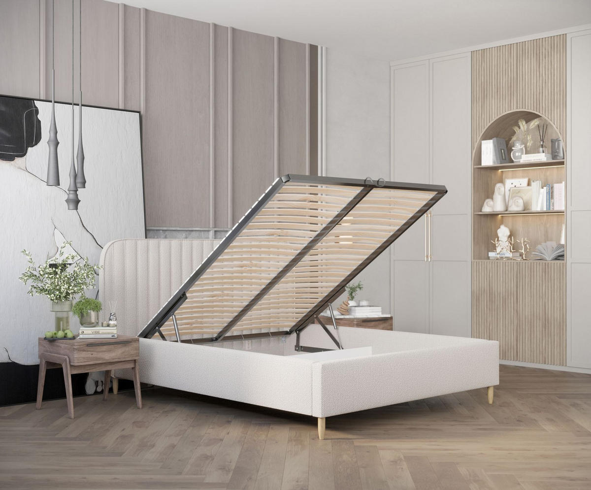 POLSTERBETT Noto Creme 140/200 cm im Chenille-Stoff - Creme/Naturfarben, Holz/Holzwerkstoff (140/200cm) - Maison de Reve