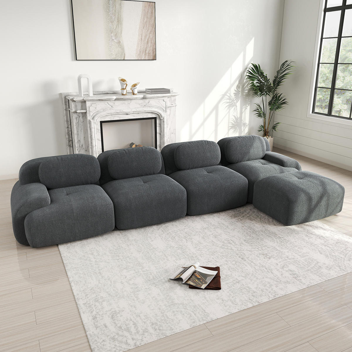 ECKSOFA modular rahmenlos mit Chaiselongue, 32D-Hochdichteschaum, Cordstoff und montagefreier Nutzung, Grau - Grau, Textil (388/178cm) - Redom