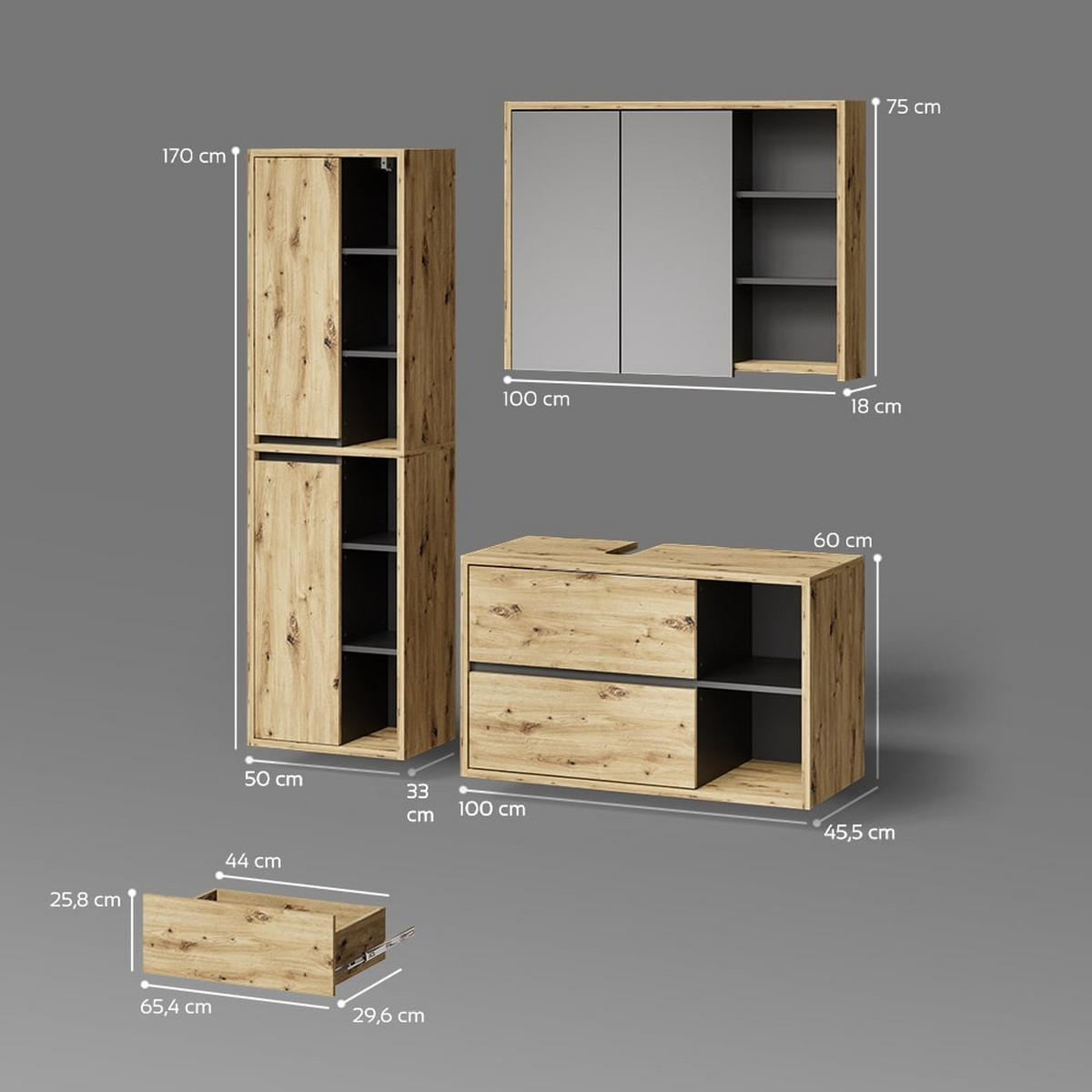 BADMÖBEL-SET Vomano Artisan-Eiche 3 Teile - Anthrazit/Eiche Artisan, Holzwerkstoff (100/60/45cm) - Livinity®