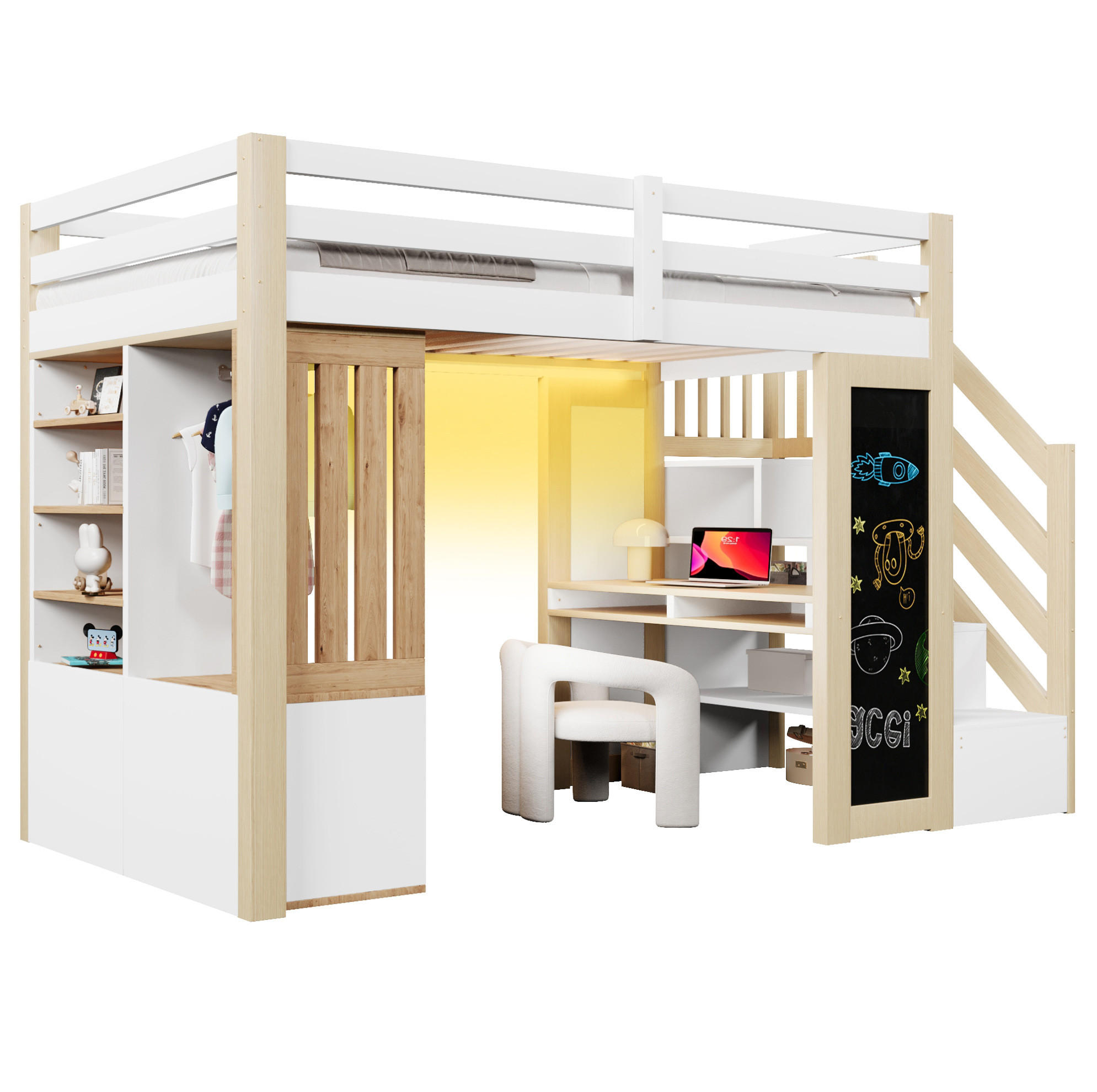 HOCHBETT 90/200 cm Weiß/Natur mit LED und Lattenrost - Weiß, Holz (90/200cm) - MIVRAY