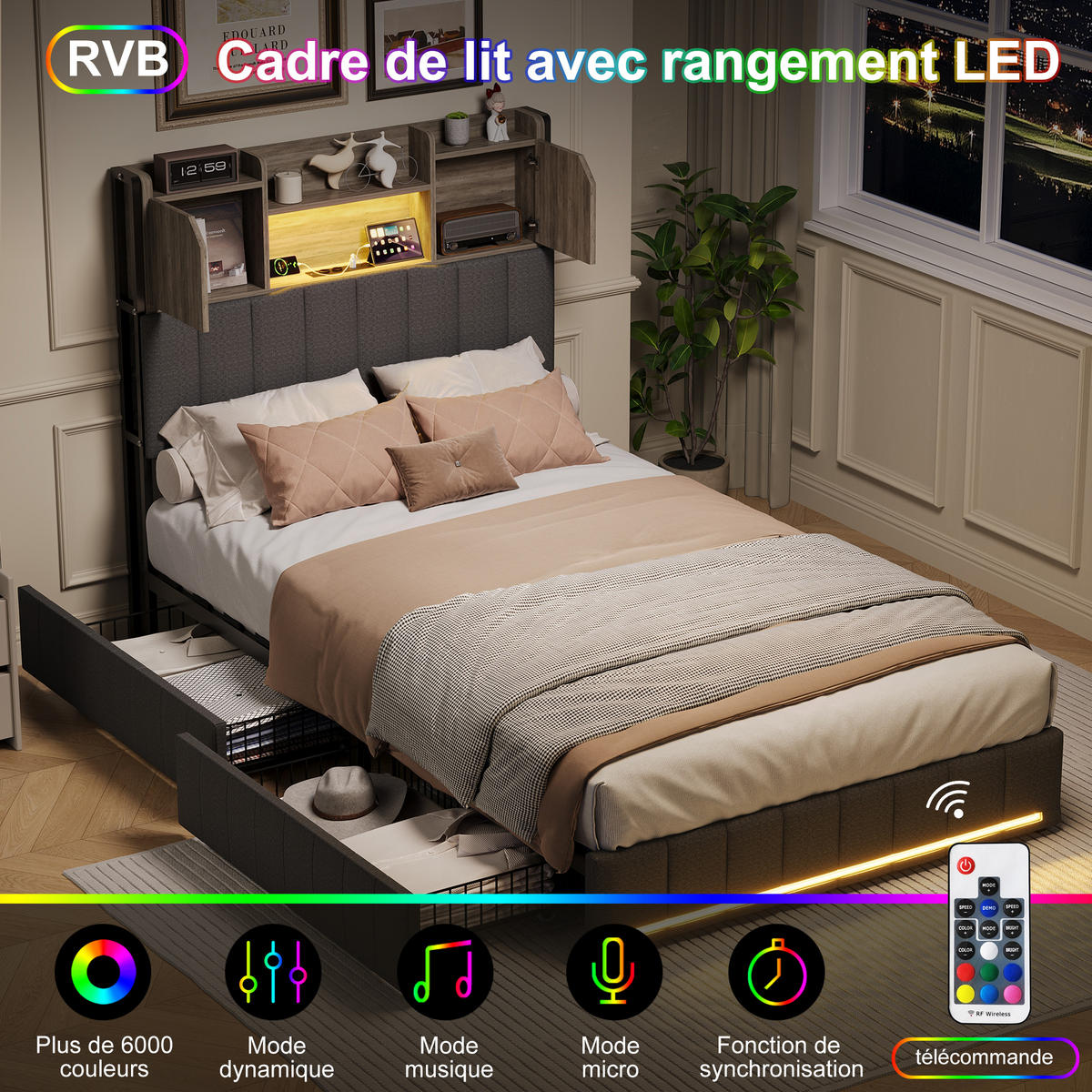 POLSTERBETT 90x200 cm LED USB 4 Schubladen Lattenrost Leinen grau - Grau, Holz (90/200cm) - LEBENLANG