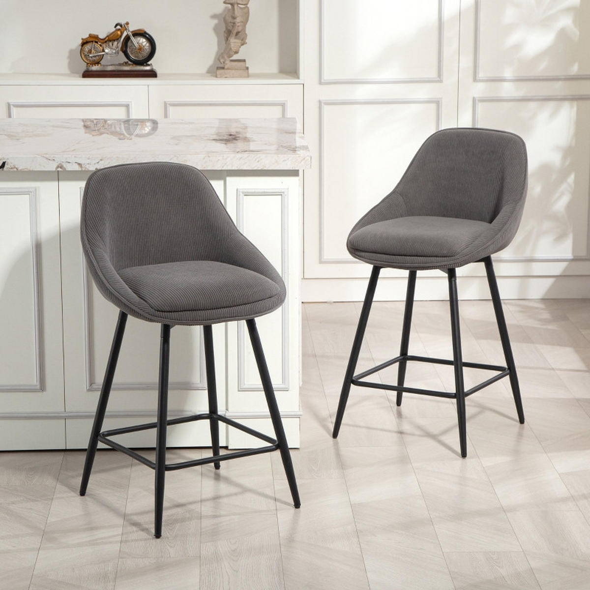 BARHOCKER DE-36052 2er Set mit Cordbezug und Stahlbeinen Grau - Grau, Metall (49/88/52cm) - ComfortXL