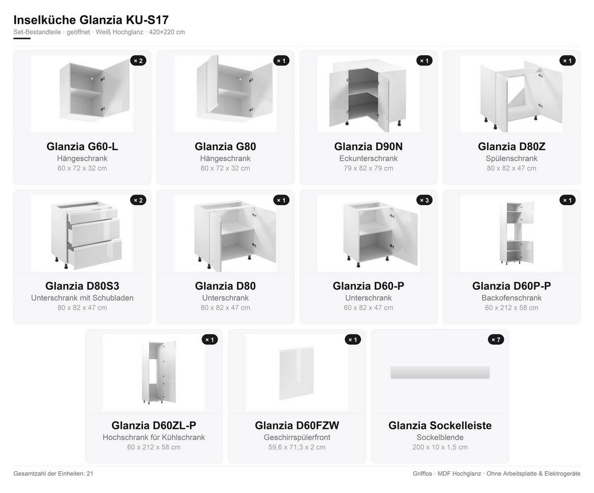 INSELKÜCHE 420x220 cm Glanzia – KU-S17 – Weiß – Hochglanz - Weiß Hochglanz, Holzwerkstoff (420/212/220cm) - hi-markt
