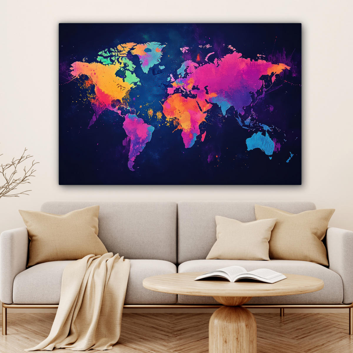 LEINWANDBILD Weltkarte - Bunt - Graffiti Wohnzimmer Groß 120x80 cm - Multicolor, Textil (120/80cm) - MuchoWow