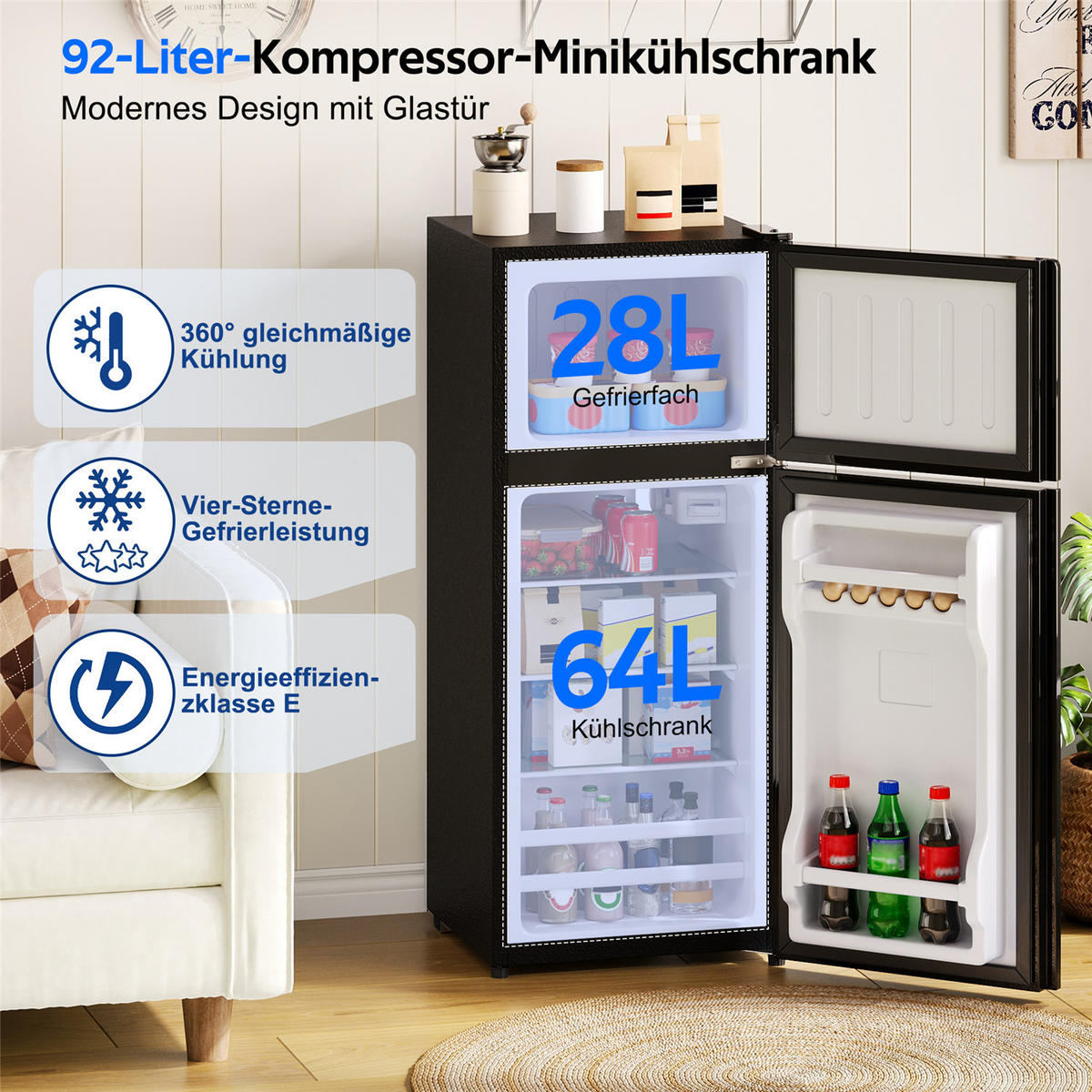 MINIKÜHLSCHRANK 92L Gefrierfach LED Temperaturregelung - Schwarz, Metall (42.5/102/44.5cm) - Kaket