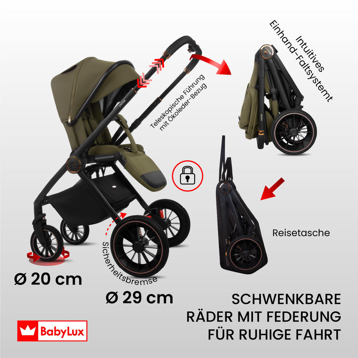 KINDERWAGEN Castor 4in1 Olive Babywanne, Reisebuggy, Autositz, Isofix Basis - Schwarz/Olivgrün, Textil/Metall (58/98cm) - BabyLux