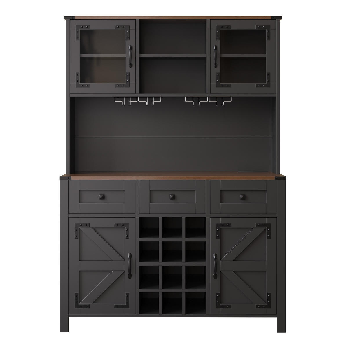 BUFFETSCHRANK 120/40/170 cm mit LED-Beleuchtung, Steckdosenleiste, USB und Weinregal aus MDF und Glas, Schwarz - Schwarz, Holzwerkstoff (120/170/40cm) - Redom