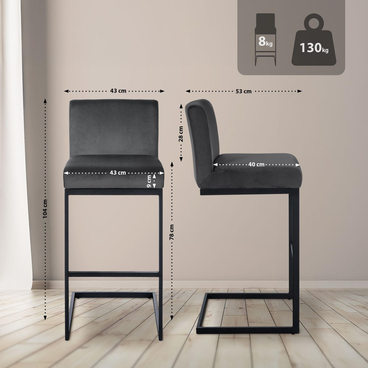 BARHOCKER Samt Dunkelgrau - Dunkelgrau/Schwarz, Textil/Metall (43/104/53cm) - CLP