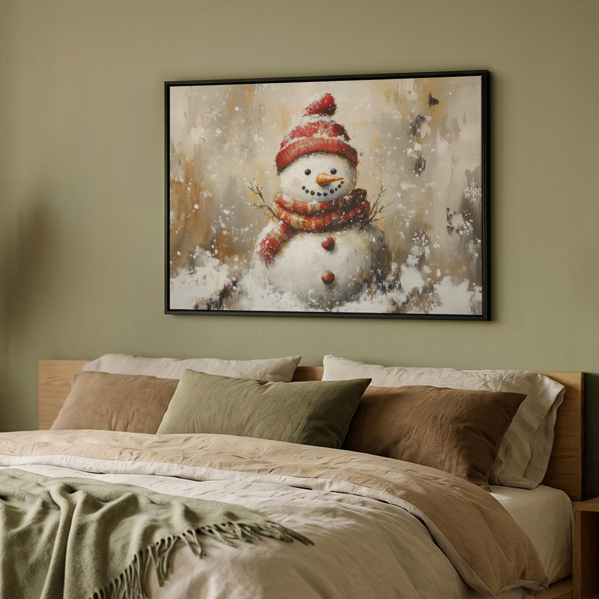 LEINWAND Bilder mit Rahmen - Schneemann - Winter - Schnee - Beige - 100x70 - Weiß, Textil (100/70cm) - MuchoWow