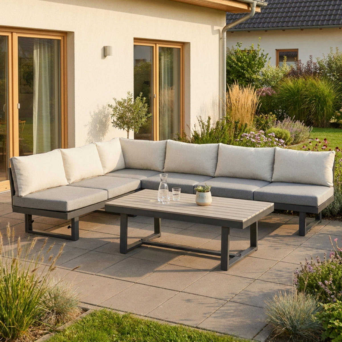 GARTENLOUNGE Largo Anthrazit 5-tlg. Set 213,5x283,5 cm, Aluminium, höhenverstellbarer Tisch, 6 Sitzplätze - Grau, Kunststoff - bellavista - Home & Garden