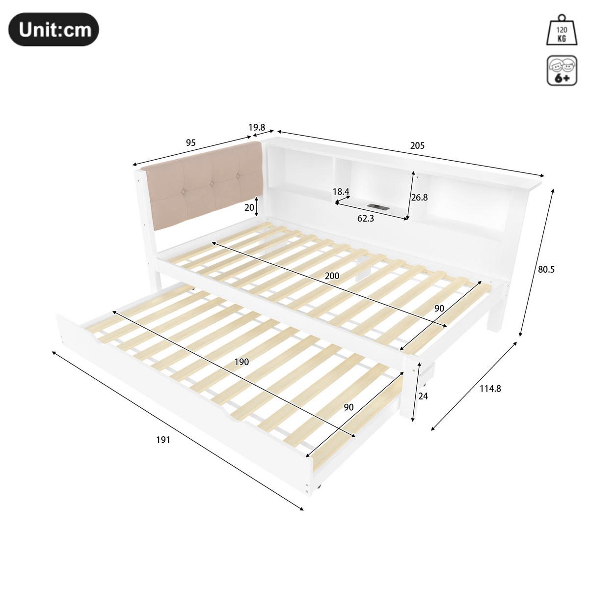 POLSTERBETT aus Kiefernholz 90x200 cm in Weiß mit Ausziehbett, LED & USB - Weiß, Holz (90/200cm) - Modfu