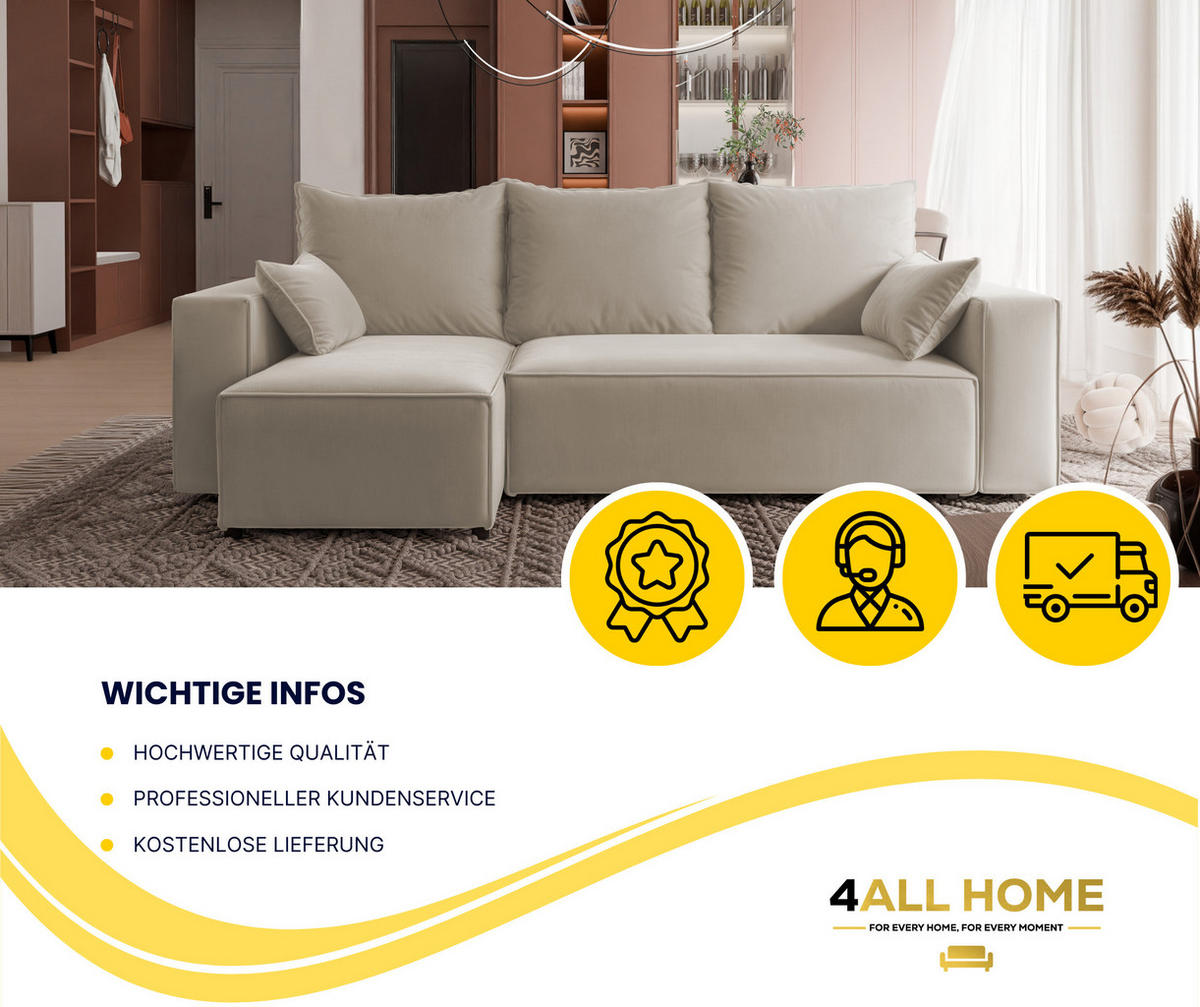 ECKSOFA Tobi mit Bettkasten und Schlaffunktion, L-Form, Velourstoff, Universal - Beige, Holzwerkstoff (246/145cm) - 4ALL HOME