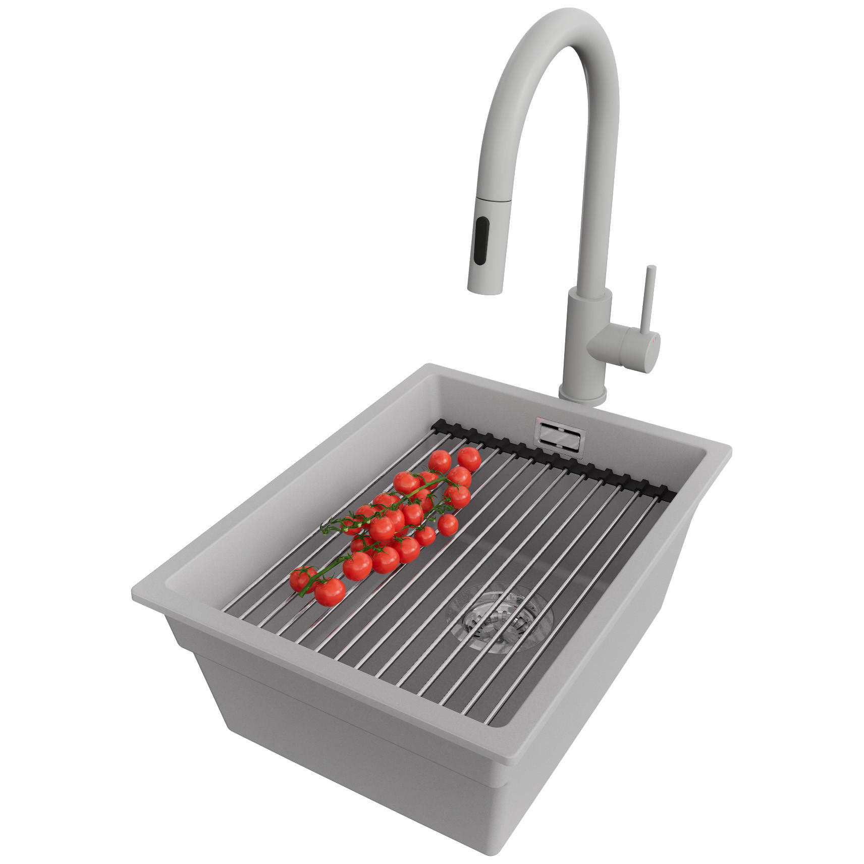 GRANITSPÜLE Praga Slim, 2-er set Grau 36/47 cm 1 Becken + Küchenarmatur 40/20 cm + Ablauf-Set + Aufrollbare Abtropffläche ab 40er Unterschrank - Chromfarben/Grau, Kunststoff (36/20/47cm) - Primagran