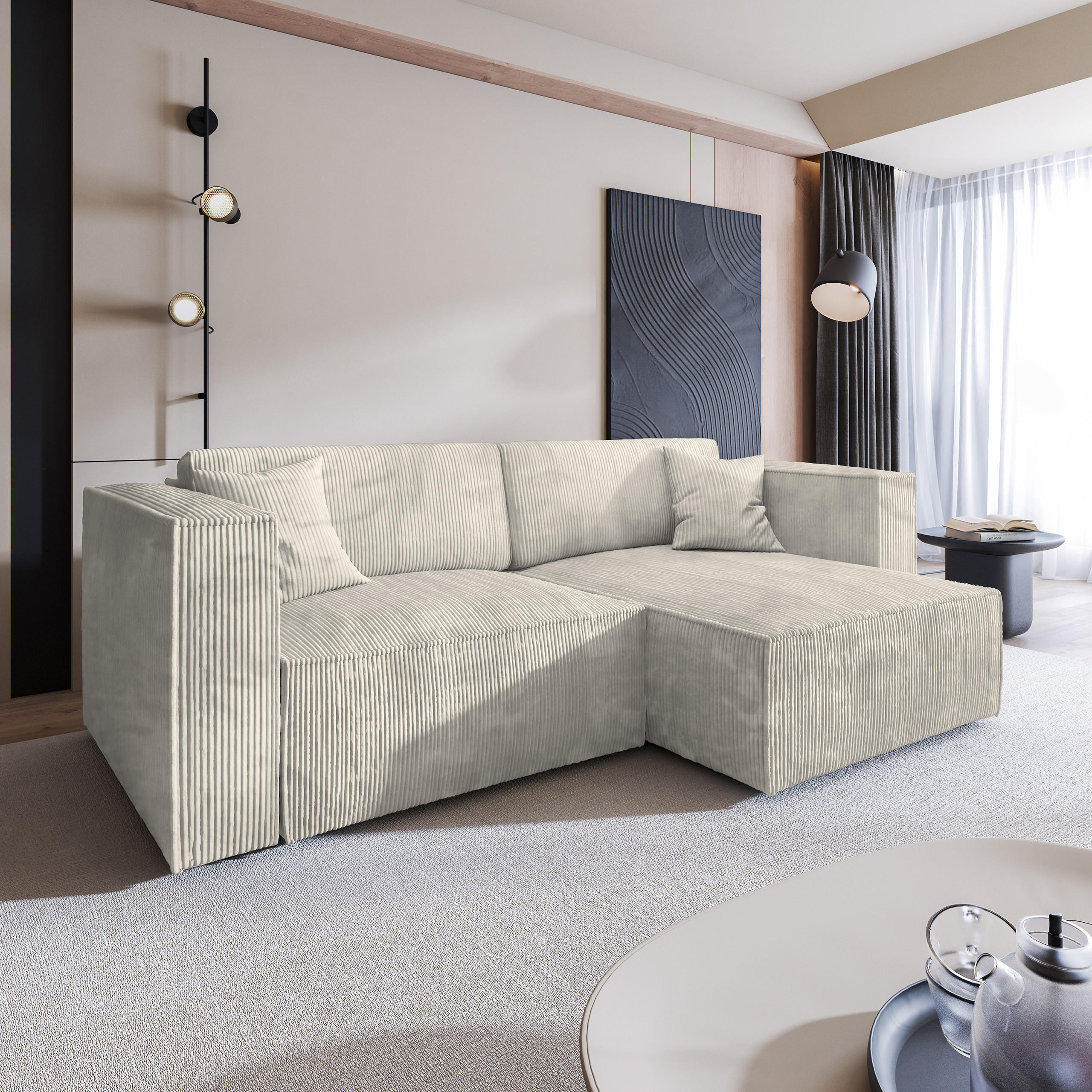 ECKSOFA NERIO P Creme Kordstoff mit Schlaffunktion - Creme, Holz (245/148cm) - MASSENO