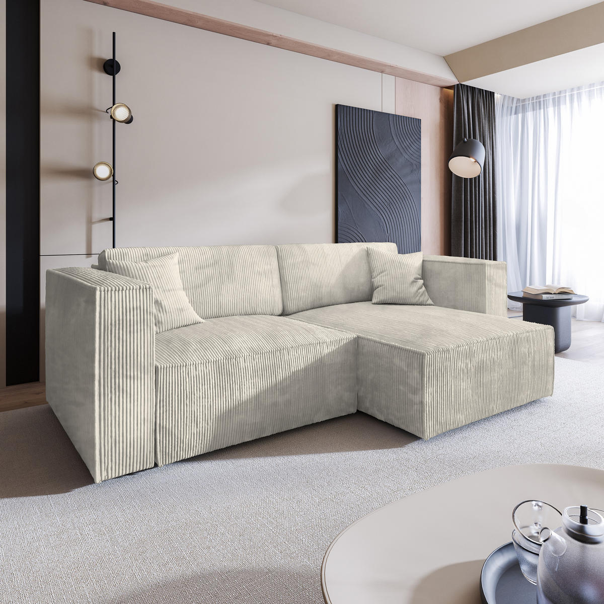 ECKSOFA NERIO P Creme Kordstoff mit Schlaffunktion - Creme, Holz (245/148cm) - MASSENO