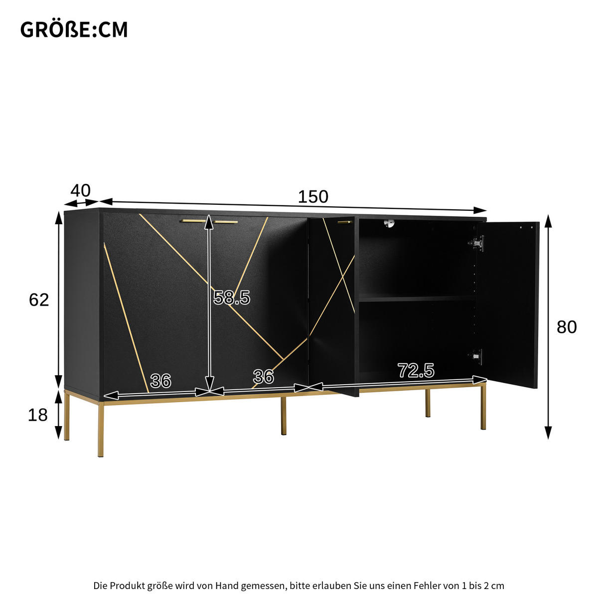 SIDEBOARD 150x40x80 cm, Metallfüße, Goldgriffe, Schwarz - Schwarz, Holz (150/80/40cm)