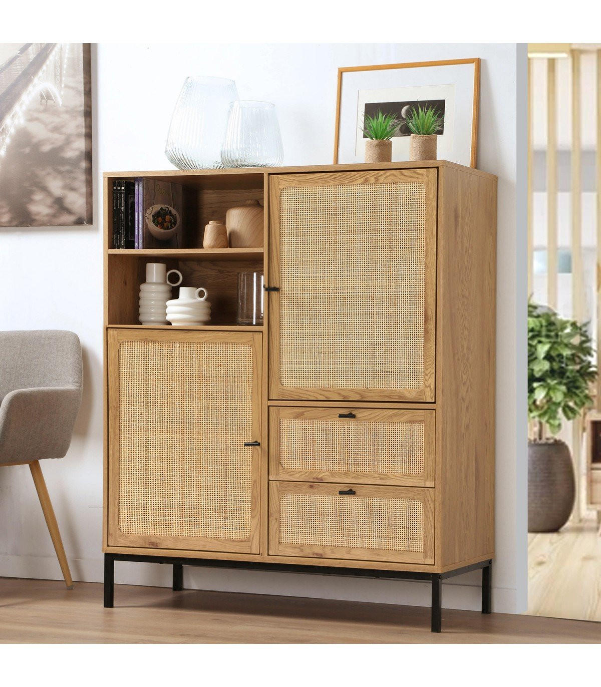 HOHE Buffetschrank mit Rattanfronten - L100 x H120 cm - JAYA - Apfelbaumfarben, Holzwerkstoff (40/120/100cm) - Calicosy