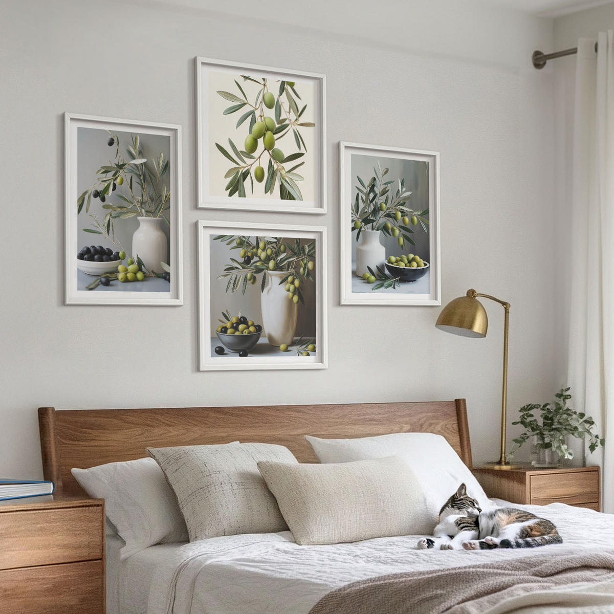 WANDBILDER 4er-Set - 50x50 cm & 40x60 cm Weißer Rahmen - Oliven in grauen Vasen - Weiß, Kunststoff (50/50cm) - ArtPrintCave