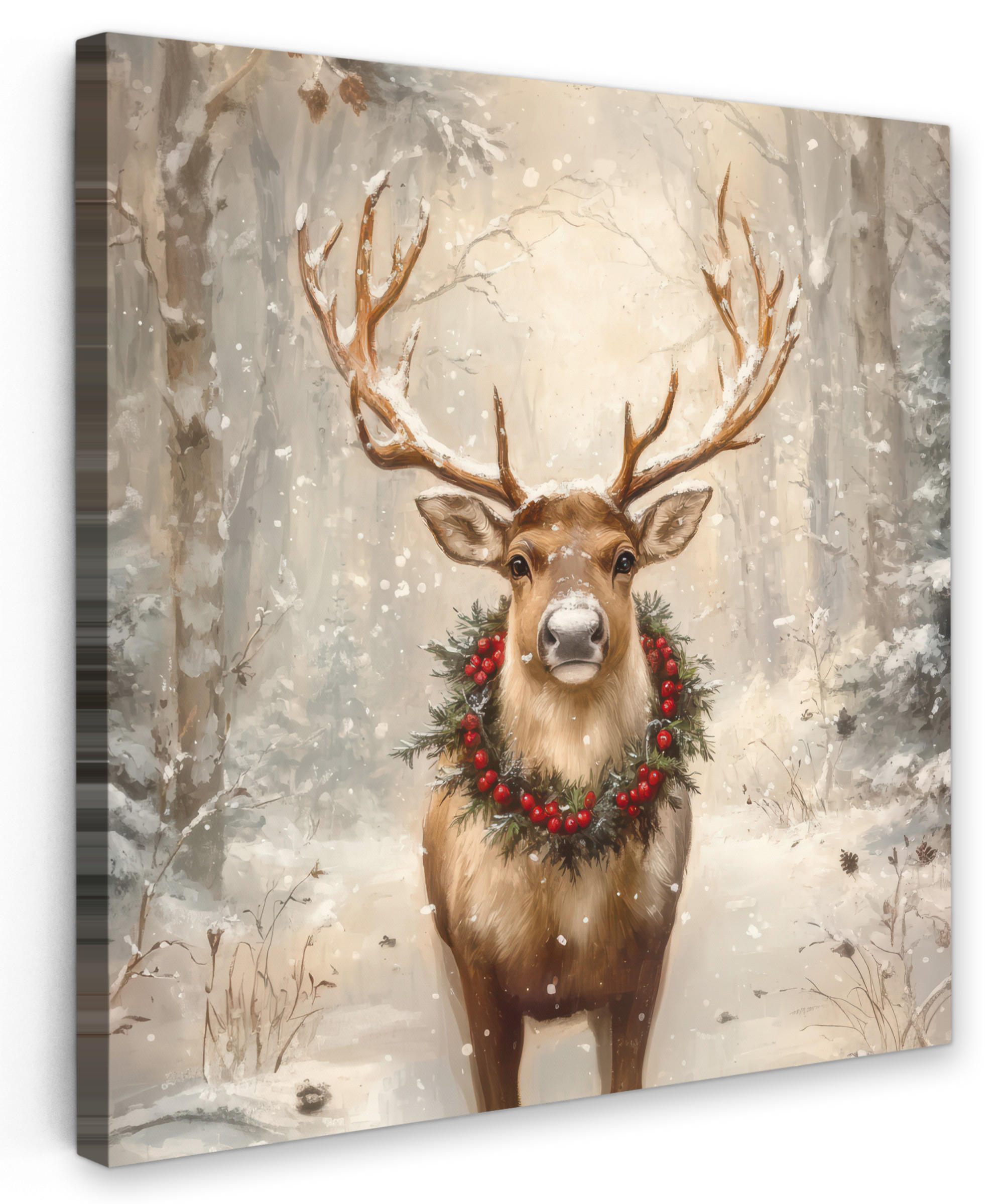 LEINWANDBILD Weihnachten - Rentier - Winter - Kranz 50x50 cm - Naturfarben, Textil (50/50cm) - MuchoWow