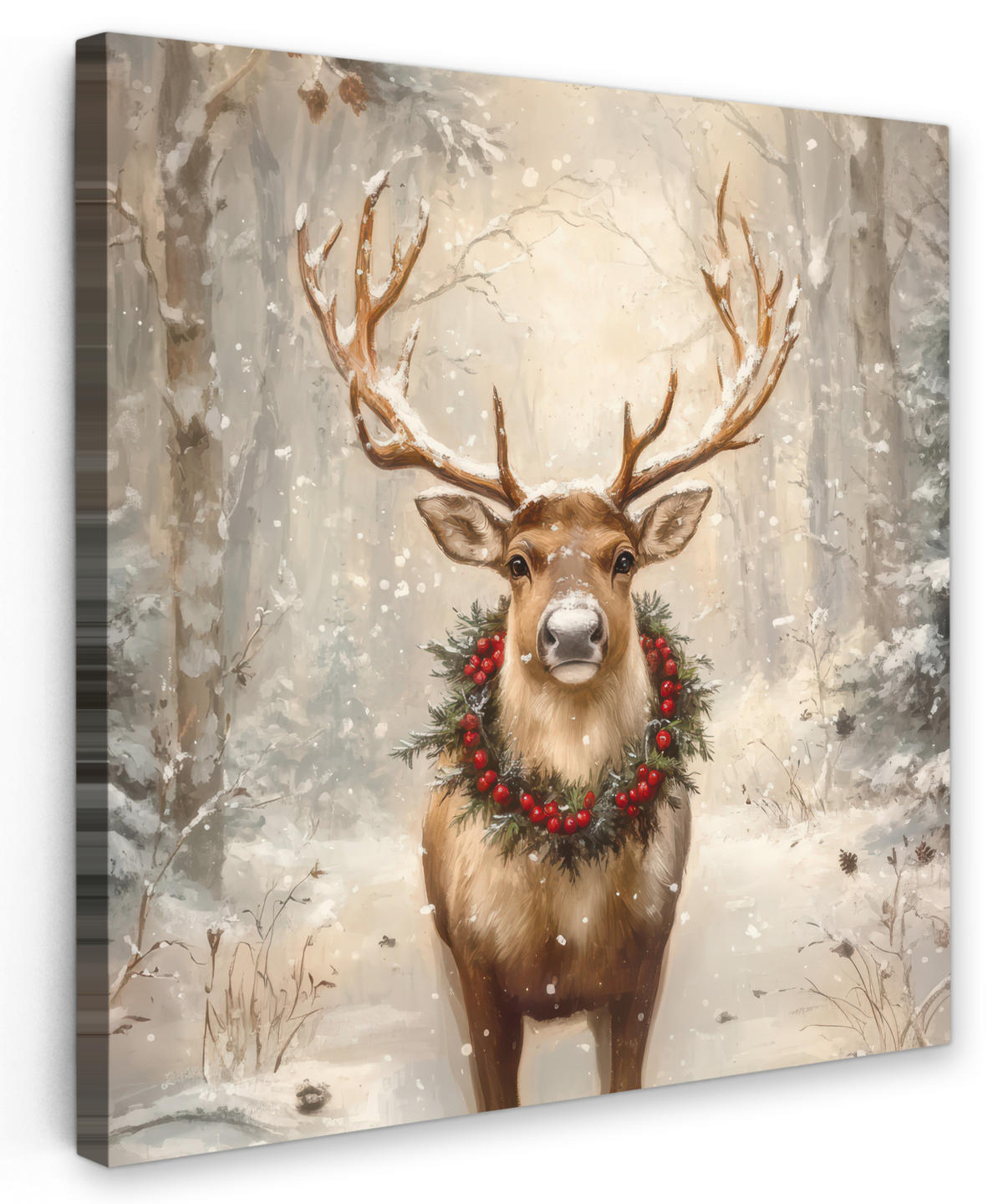 LEINWANDBILD Weihnachten - Rentier - Winter - Kranz 50x50 cm - Naturfarben, Textil (50/50cm) - MuchoWow