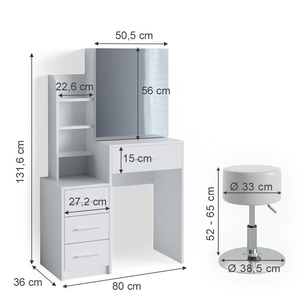 SCHMINKTISCH Conrada Weiß 80 cm mit Hocker - Weiß, Holzwerkstoff (36/131.6/80cm) - Vicco