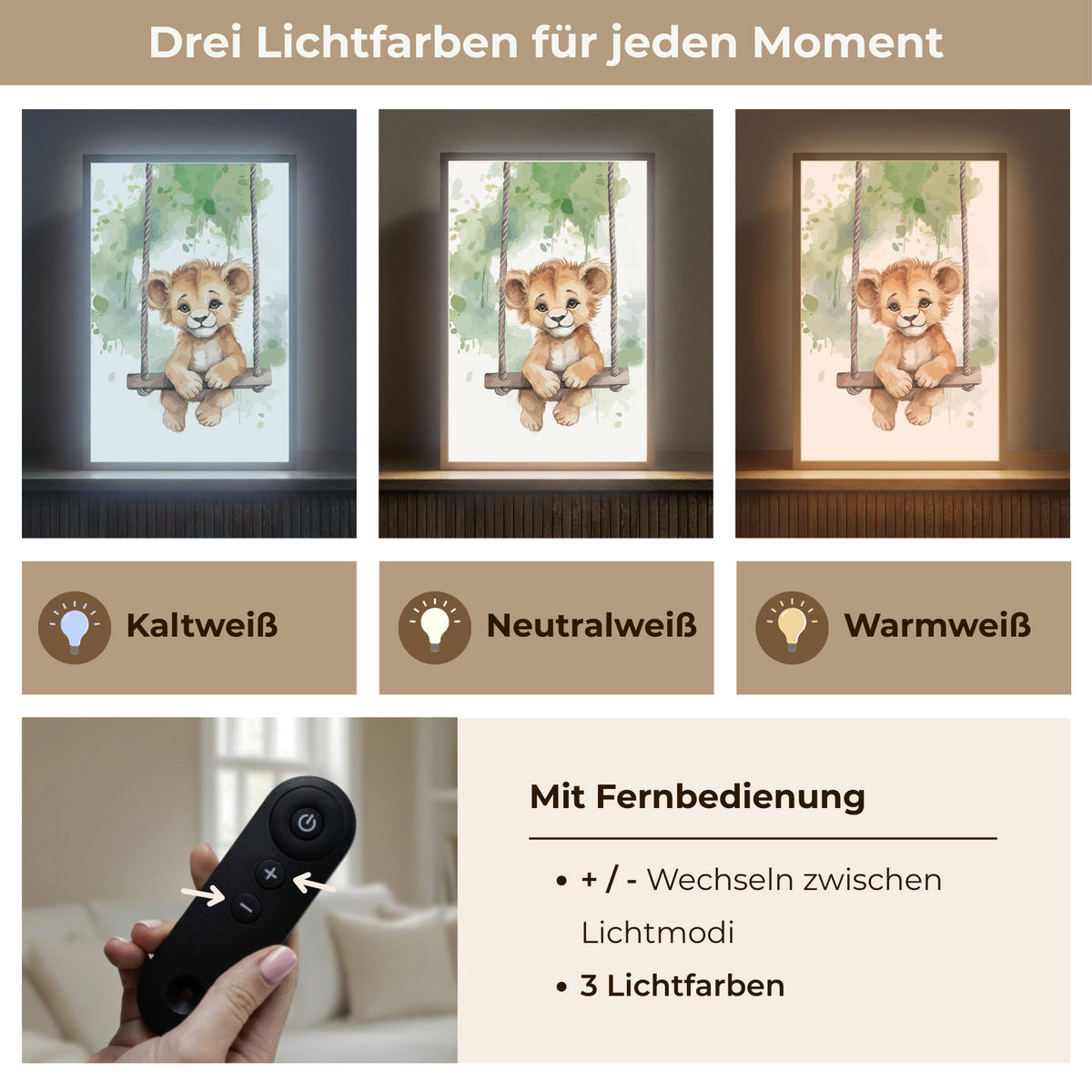 NACHTTISCHLAMPE MIT AKKU Löwe - Tier - Kinder - Dschungel 40x60 cm - Weiß, Holzwerkstoff (8/40/60cm) - OnlyWow