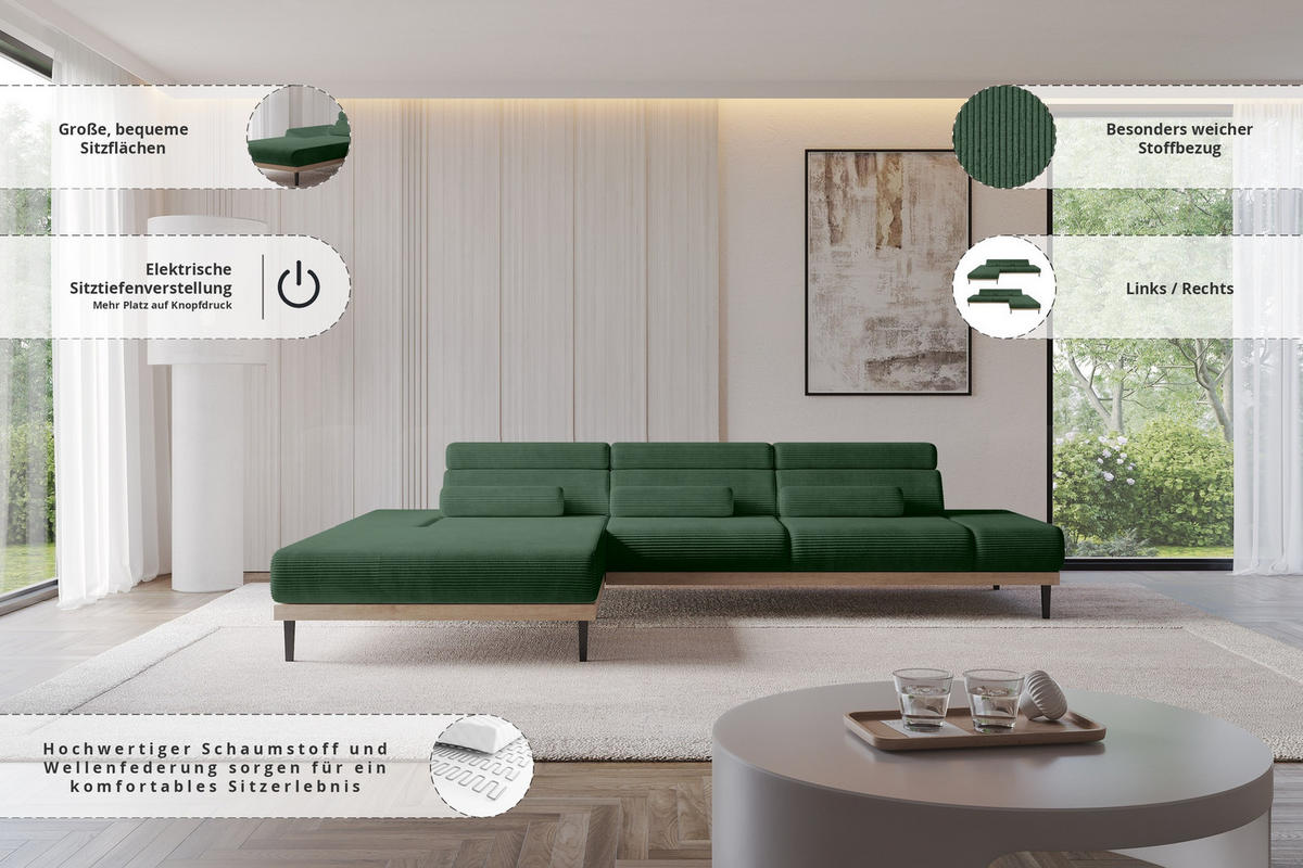ELEKTRISCHES ECKSOFA Links MONA 316x205x85 Grün Cord - Salbeigrün/Grün, Holzwerkstoff/Textil (316/205cm) - ALTDECOR