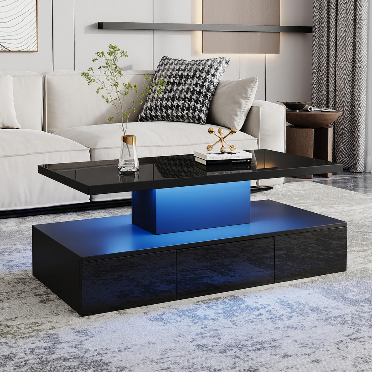 COUCHTISCH Zweistufig Schwarz Hochglanz LED 16 Farben Ausstellungsregal - Schwarz, Holz (112.4/60.96/15.24cm) - FLIEKS