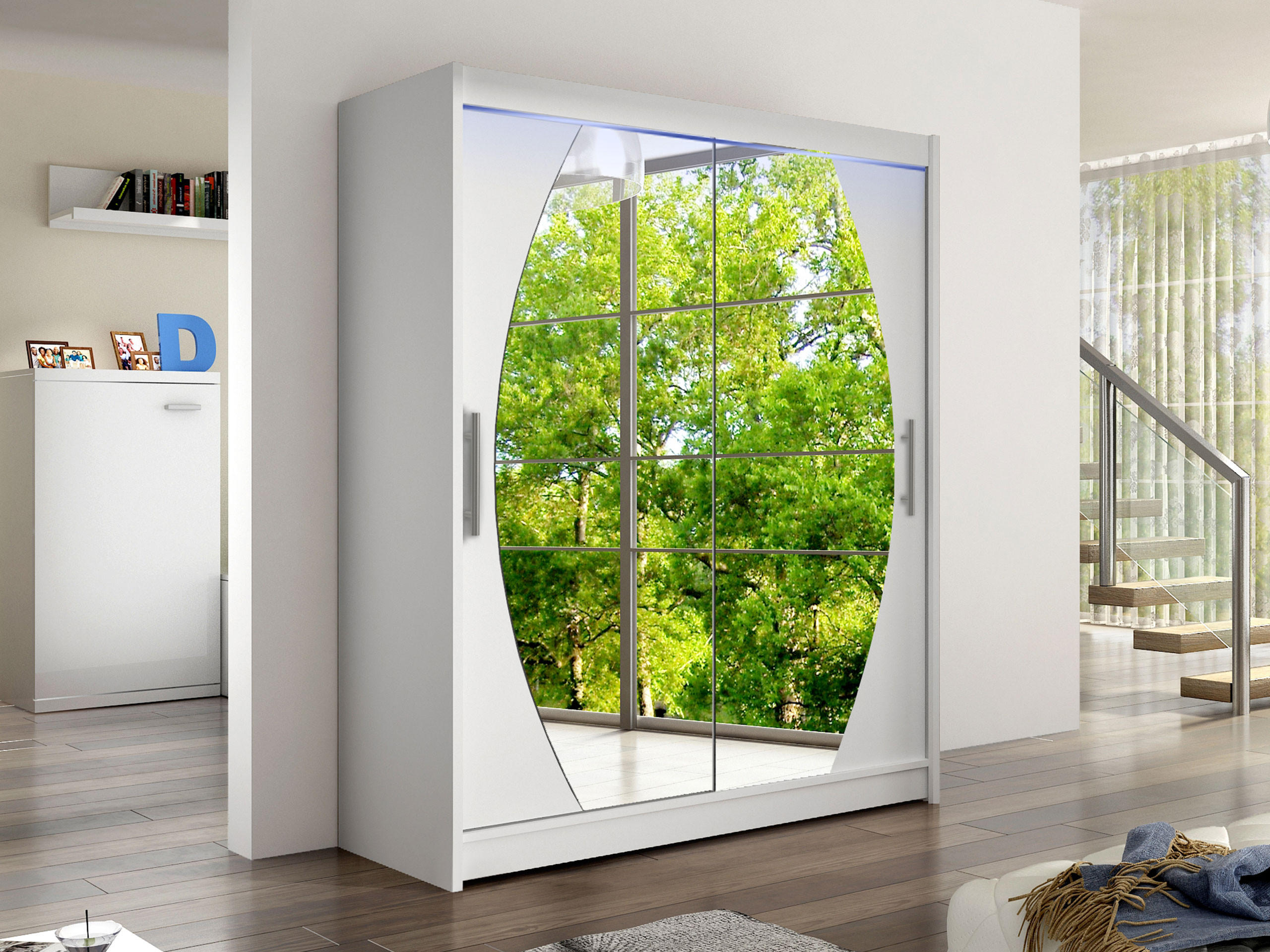 SCHWEBETÜRENSCHRANK Westa VIII, mit RGB LED Beleuchtung - Silberfarben/Weiß, Holzwerkstoff/Metall (150/200/58cm) - MIRJAN24