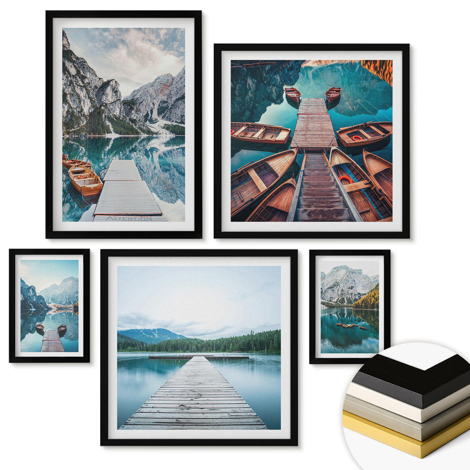 WANDBILDER 5er-Set - 50x50 cm & 20x30 cm & 40x60 cm Schwarzer Rahmen - Holzstege am See, Boote - Schwarz, Kunststoff (40/60cm) - ArtPrintCave