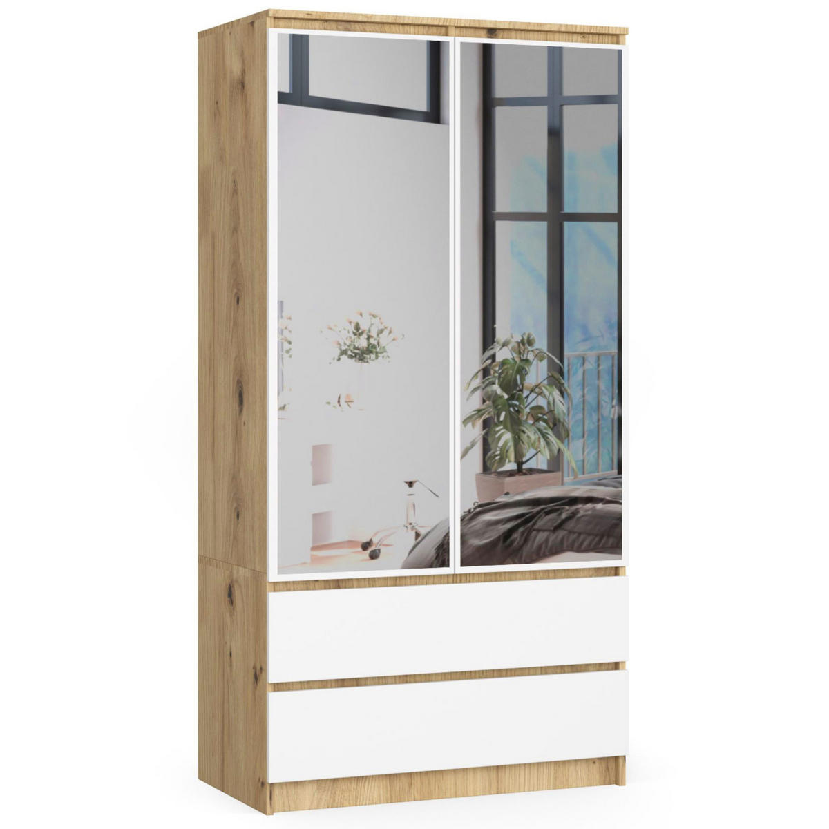 KLEIDERSCHRANK mit Spiegel Eiche Artisan, Weiß 180x51x90 cm - Weiß/Eiche Artisan, Holzwerkstoff (180/180/51cm) - Akord