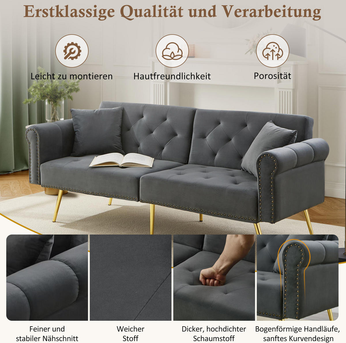 SCHLAFSOFA 2-Sitzer Samt mit 3-fach verstellbarer Rückenlehne Antikgrau 173/75/70 cm - Grau, Textil (70/173/75cm) - Redom