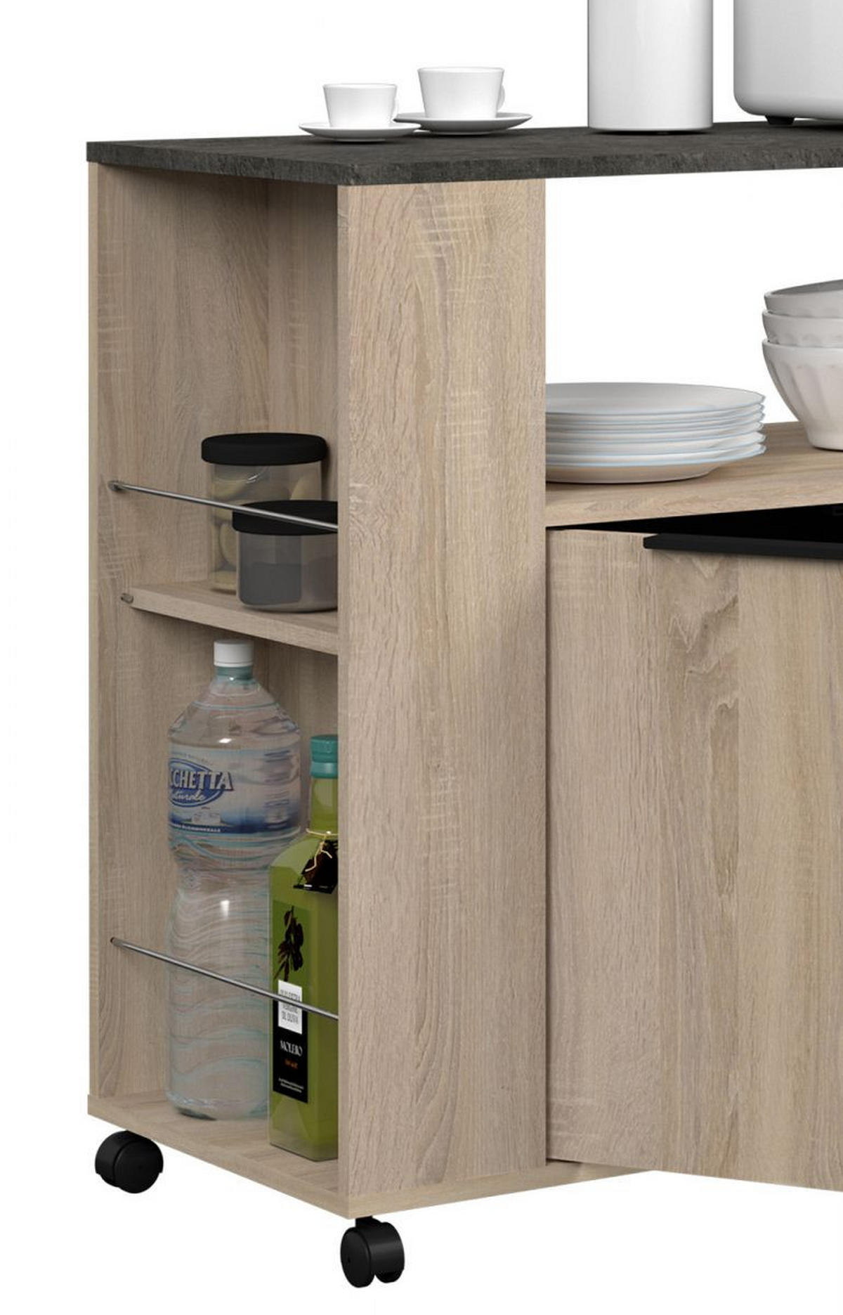 MINIKÜCHE Eiche, grau, Set 3-teilig mit Buffet, Kücheninsel und Schrank - Eichefarben/Schwarz, Holzwerkstoff/Kunststoff (284/184/80cm) - Parisot Meuble