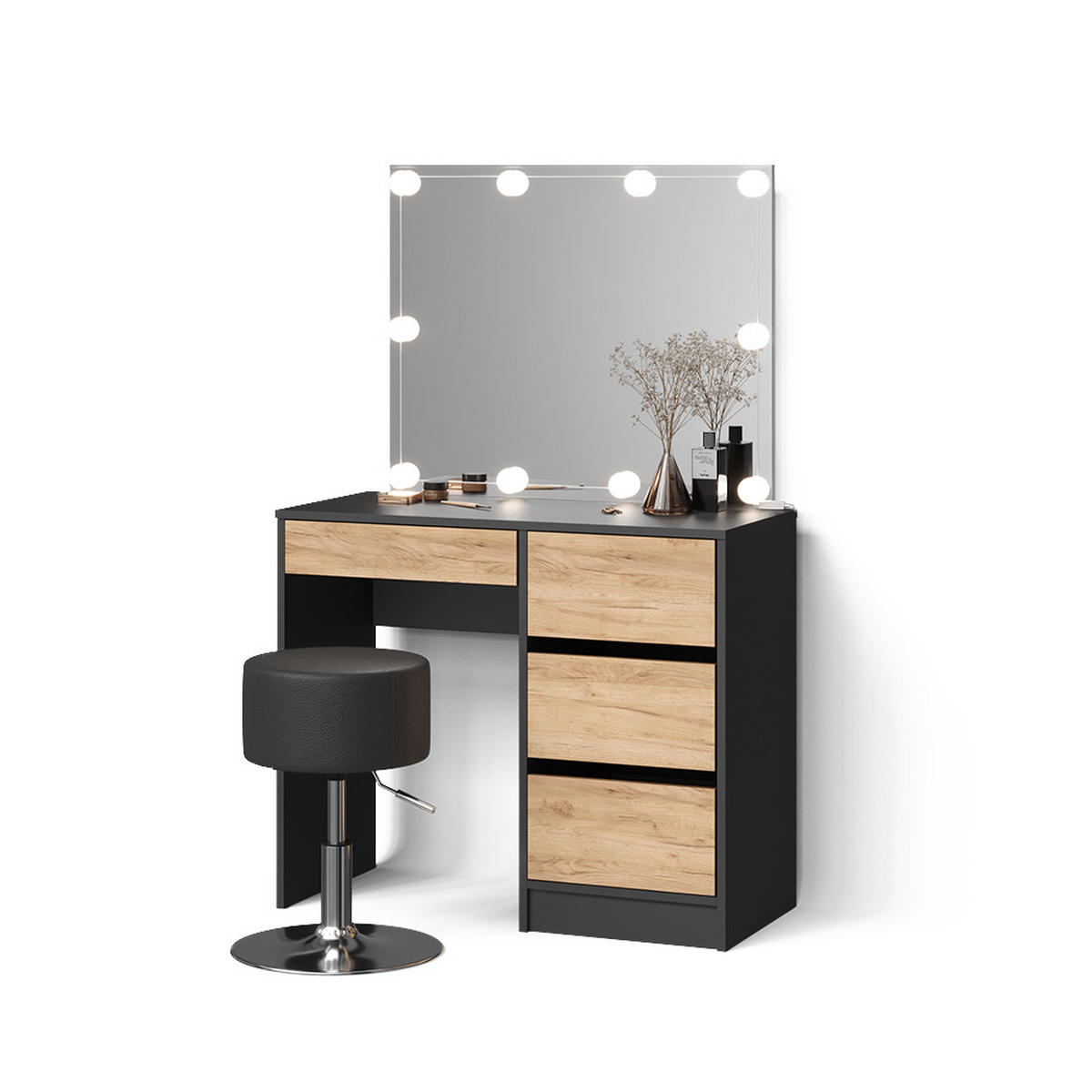 SCHMINKTISCH Imola Anthrazit/Goldkraft Eiche mit LED Beleuchtung und Hocker - Honigeiche/Anthrazit, Holzwerkstoff (90/75/40cm) - Livinity®